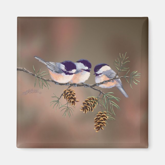 IMÁN CHICKADEES & PINECONES DE SHARON SHARPE (Frente)