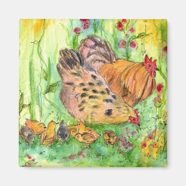Imán Chicken Rooster Hen Chicks Watercolor Meadow (Frente)