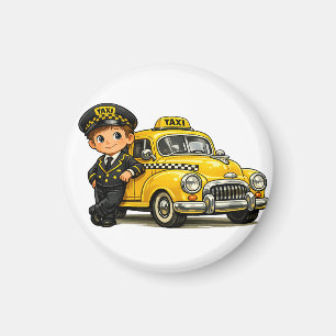 Imán Chico Conductor de Taxi Retro con Camiseta de Coch