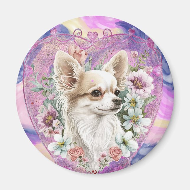 Imán Chihuahua adorable con flores de tema rosa (Frente)