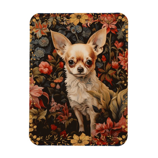 Imán Chihuahua con flores al estilo de William Morris (Vertical)