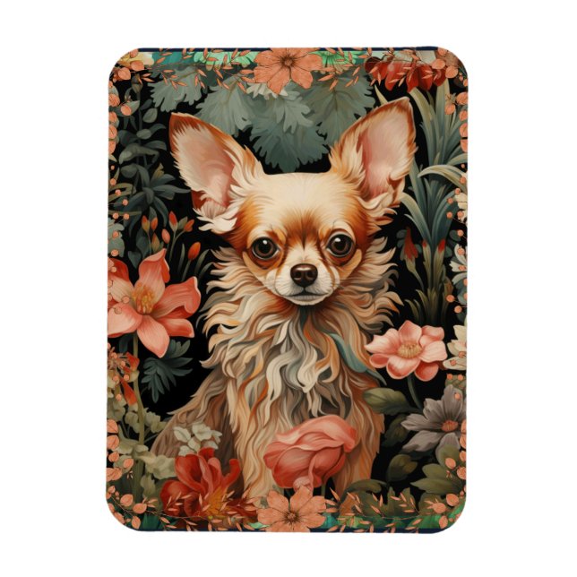 Imán Chihuahua con flores al estilo de William Morris (Vertical)