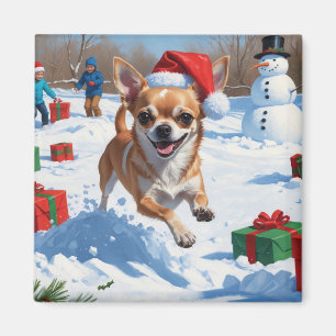 Imán Chihuahua corriendo en la nieve con sombrero de Na