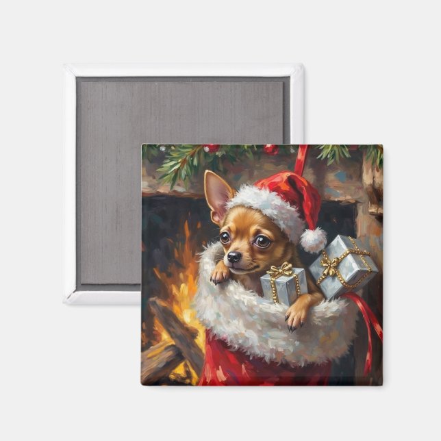 Imán Chihuahua Dog Christmas Stocking Surprise Art (Anverso/Reverso)