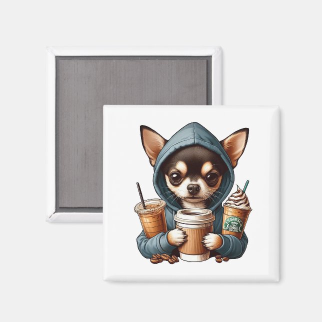 Imán Chihuahua en sudadera encapuchada con café (Anverso/Reverso)