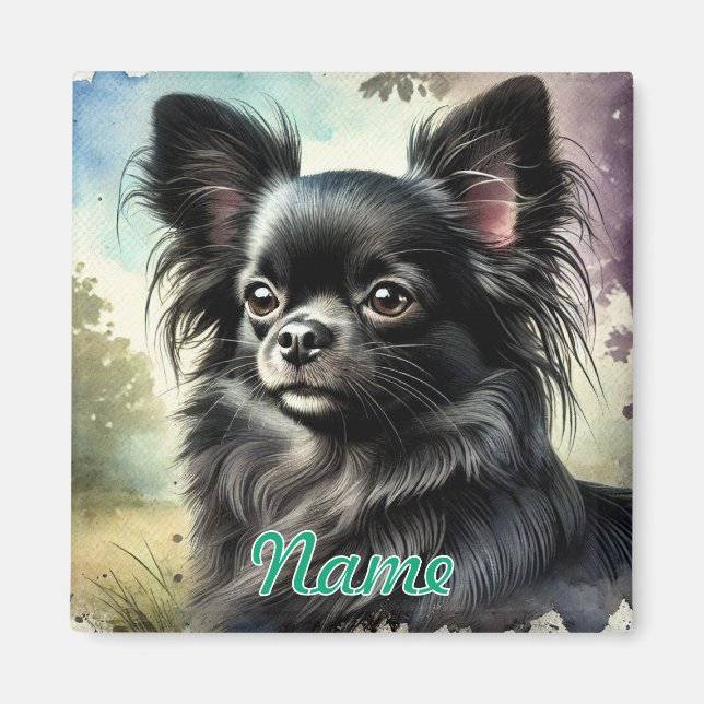 Imán Chihuahua negro de pelo largo en acuarela (Frente)