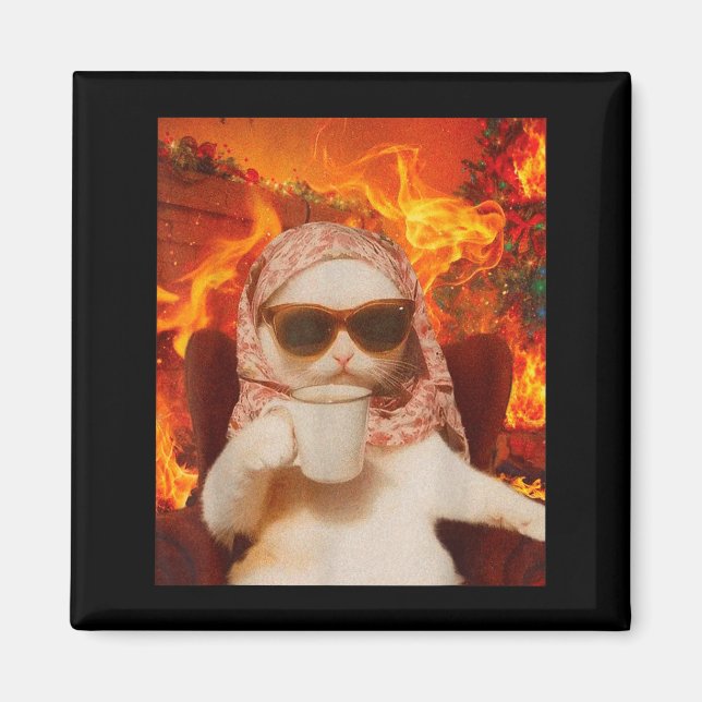 Imán Chill Cat And Coffe Xmas Funny Cat Meme Y2k Joke  (Frente)