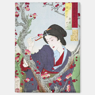 Imán Chinoiserie Dama Japonesa y Flor de Cerezo Roja