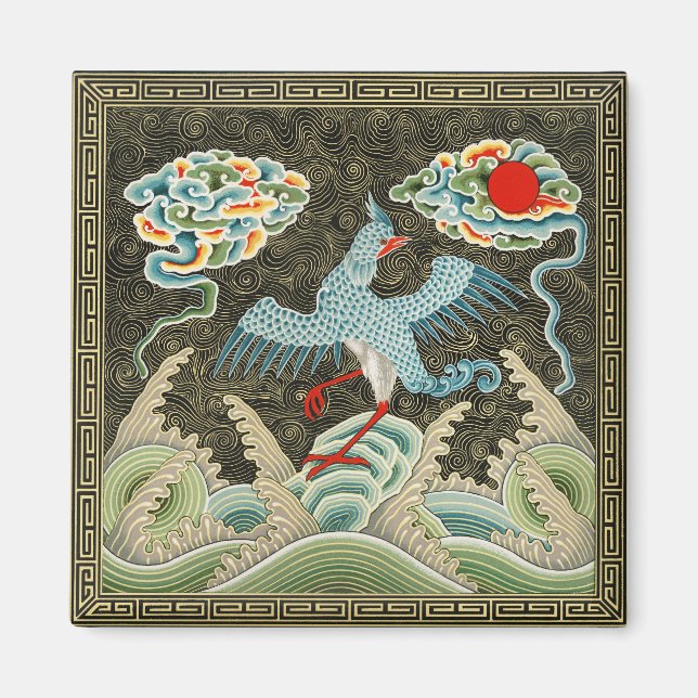 Imán Chinoiserie Patrón de grulla dorada y ola marina (Frente)