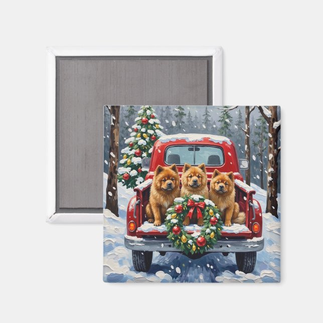 Imán Chow Chow Christmas Red Truck Holiday (Anverso/Reverso)