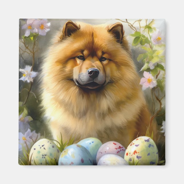 Imán Chow Chow con huevos de Pascua festivos  (Frente)