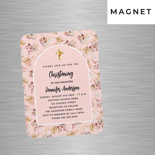 Imán Christening pampas florals invitación al oro rosa (Subido por el creador)