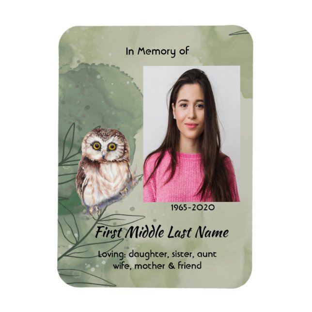 Imán Christian Memorial Keepsake Cute Owl Bird (Vertical)