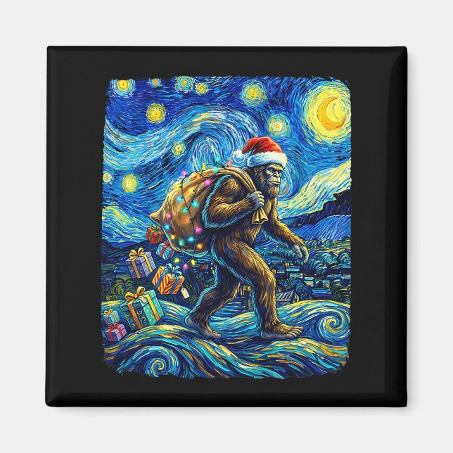 Imán Christmas Bigfoot Santa Hat Van Gogh Starry Night  (Frente)