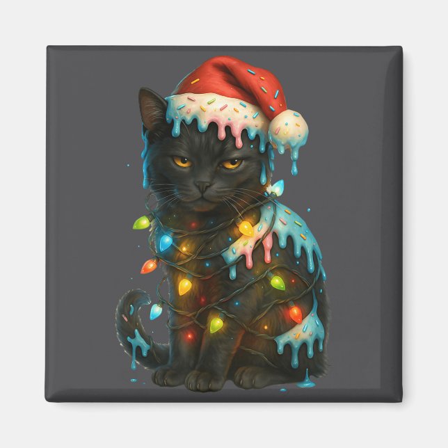Imán Christmas Black Cat Ice Cream Drip Santa Hat Cute  (Frente)