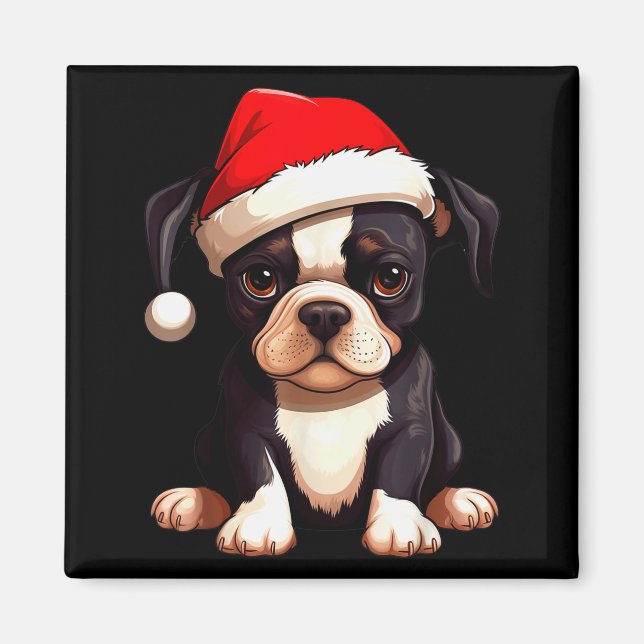 Imán Christmas Boston Terrier Dog Santa Hat Funny Xmas  (Frente)