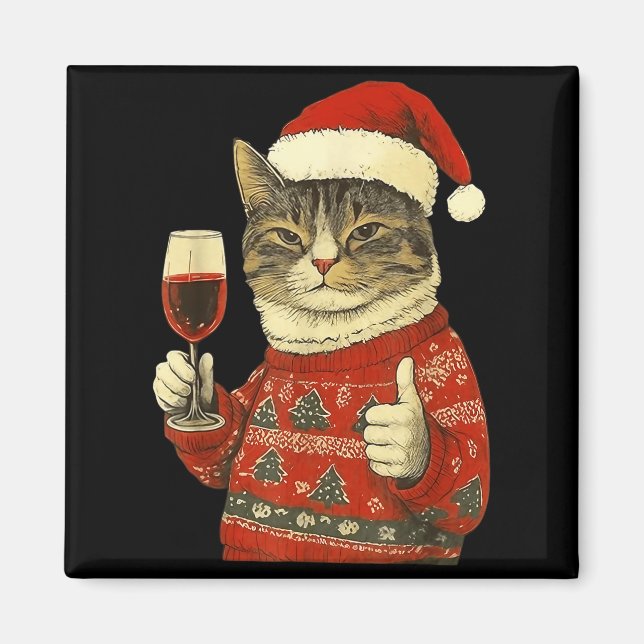 Imán Christmas Cat Likes Cute Cat Drinking Wine With Sa (Frente)