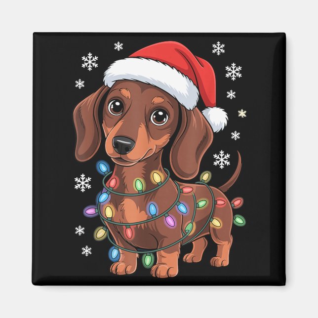 Imán Christmas Dachshund Lights Santa Hat Holiday Dog L (Frente)