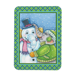 IMÁN CHRISTMAS ELEPHANT BUILDING CUTE PACHYDERM SNOWMAN