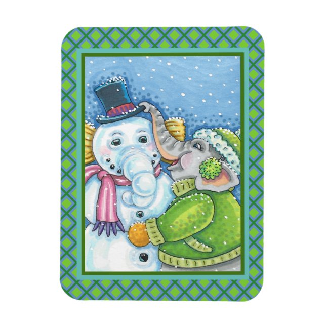 IMÁN CHRISTMAS ELEPHANT BUILDING CUTE PACHYDERM SNOWMAN (Vertical)