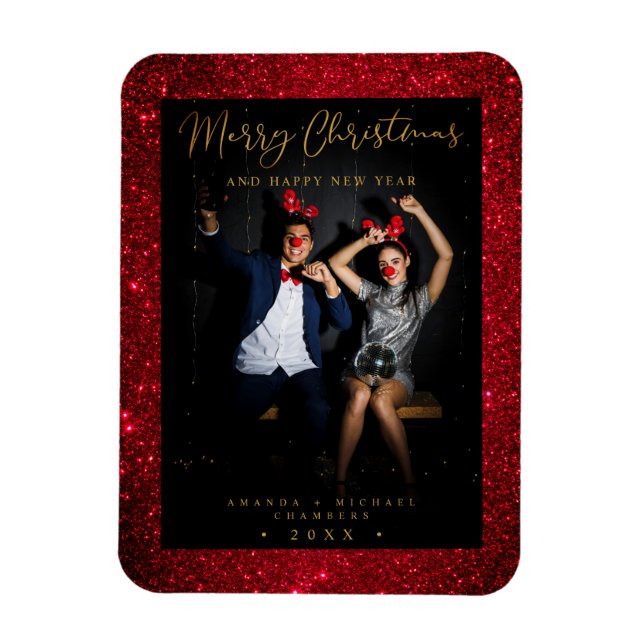 Imán Christmas Glitter Fun Photo Newlyweds Script (Vertical)
