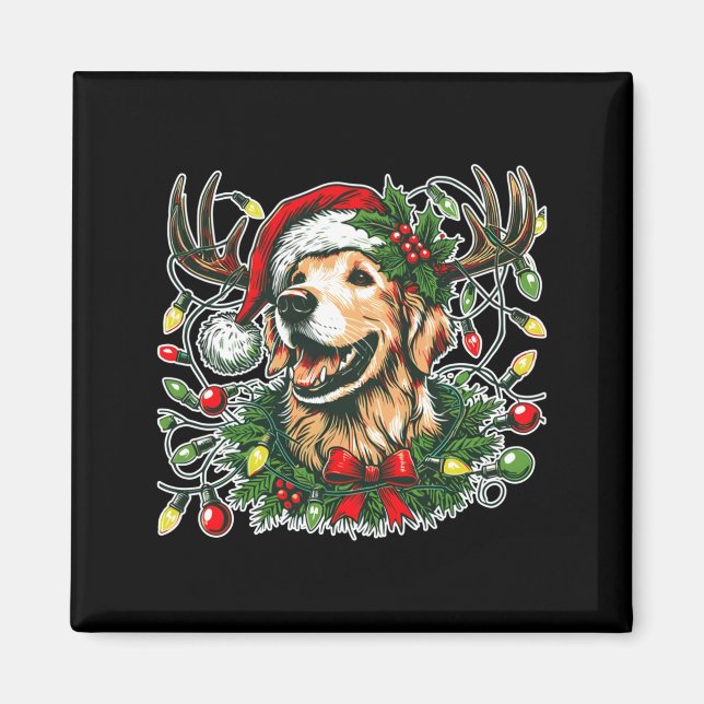 Imán Christmas Golden Retriever Antlers Santa Hat Long  (Frente)