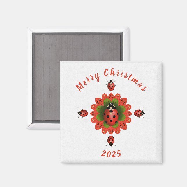 Imán Christmas Ladybug Red Green White Square (Anverso/Reverso)
