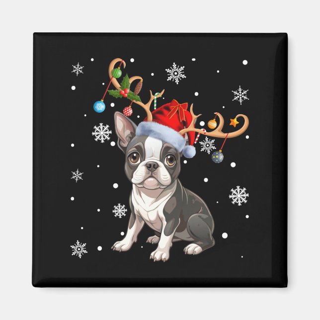 Imán Christmas Light Reindeer Santa Hat Boston Terrier  (Frente)