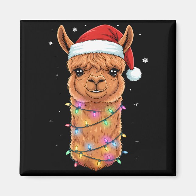 Imán Christmas Lights Alpaca Santa Hat Llama Cute Xmas  (Frente)