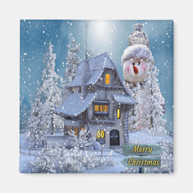 Imán Christmas Party Winter White Snowman Blue Rustic (Frente)