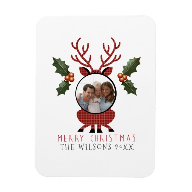 Imán Christmas Plaid Reindeer with Personalized Photo (Vertical)