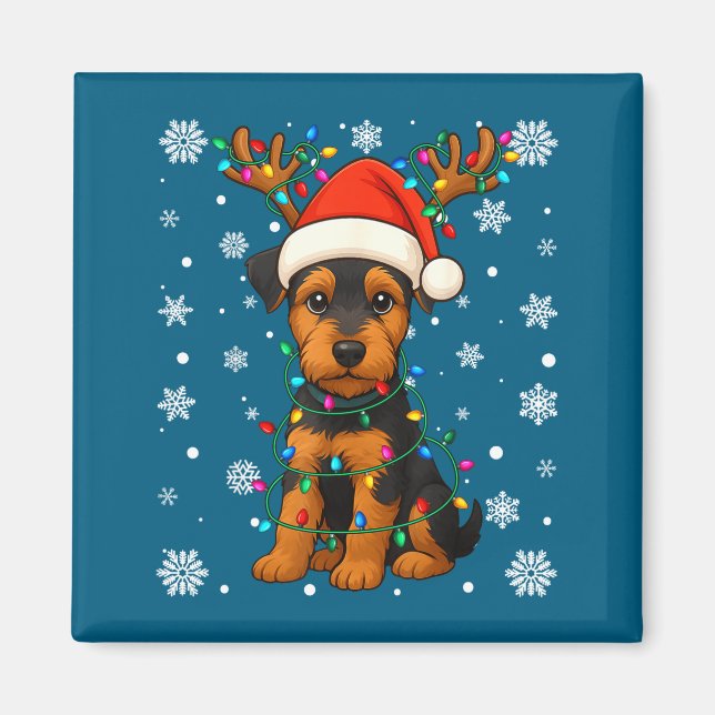 Imán Christmas Santa Hat Reindeer Airedale Terrier Love (Frente)