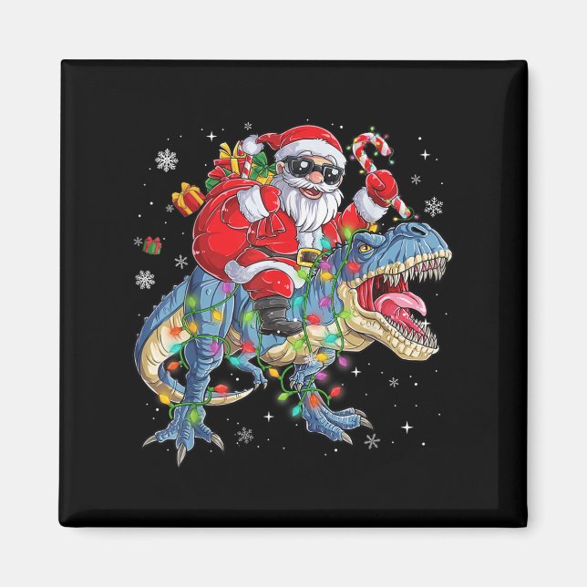 Imán Christmas Santa Riding Dinosaur Funny Xmas Lights  (Frente)