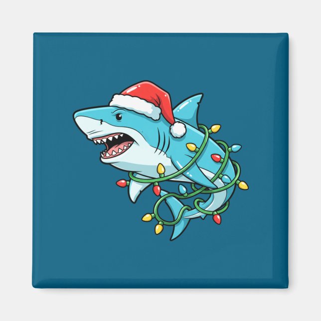 Imán Christmas Shark Santa Hat Wrapped In Lights Funny  (Frente)
