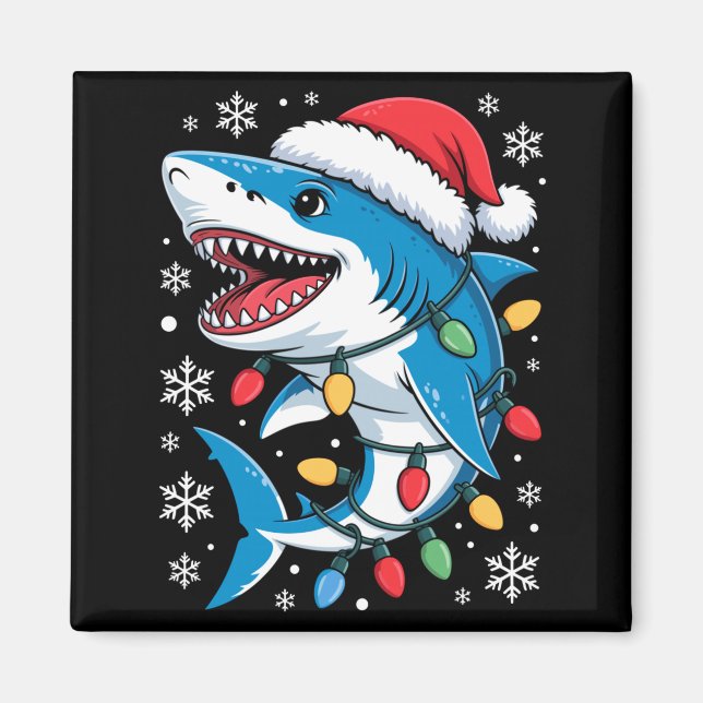 Imán Christmas Shark Santa Hat Wrapped Lights Holiday S (Frente)