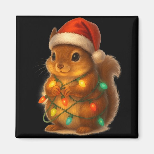 Imán Christmas Squirrel Santa Hat Wrapped In Lights Fun (Frente)