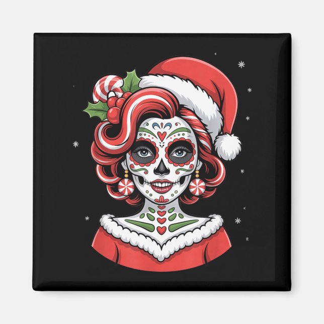 Imán Christmas Sugar Skull Art Woman Santa Hat Festive  (Frente)