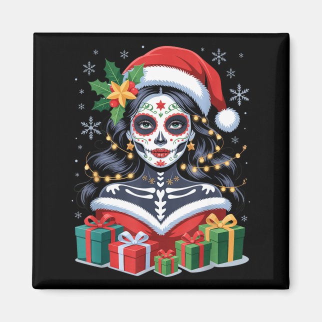 Imán Christmas Sugar Skull Art Woman Santa Hat Festive  (Frente)