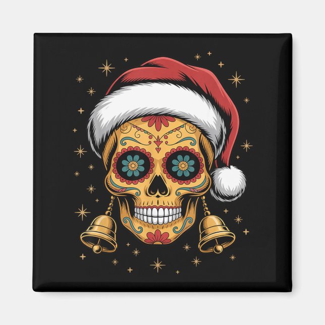 Imán Christmas Sugar Skull Art Woman Santa Hat Festive  (Frente)
