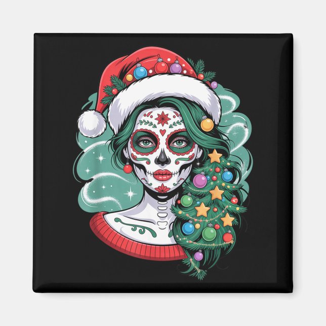Imán Christmas Sugar Skull Art Woman Santa Hat Festive  (Frente)
