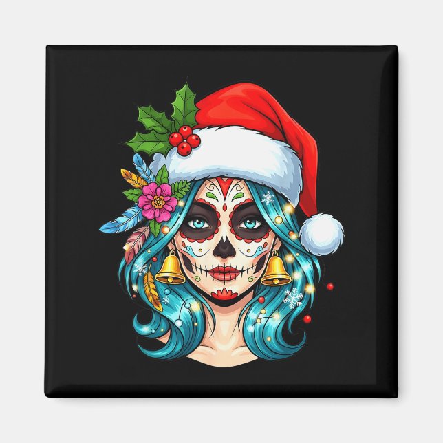 Imán Christmas Sugar Skull Art Woman Santa Hat Festive  (Frente)