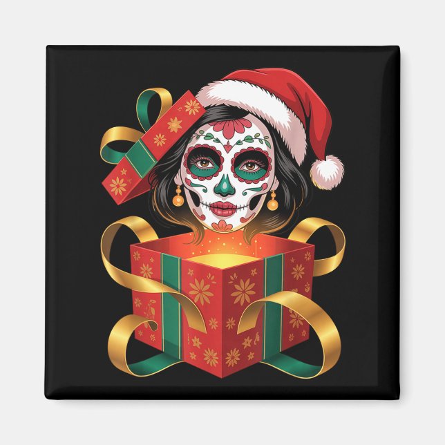 Imán Christmas Sugar Skull Art Woman Santa Hat Festive  (Frente)