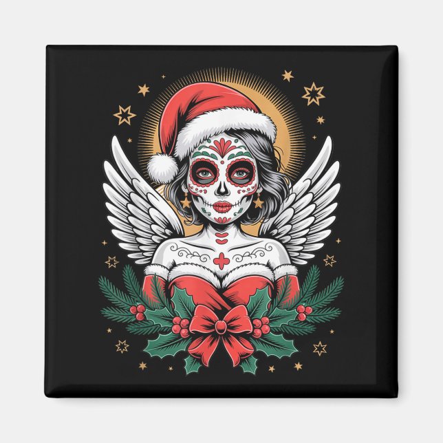 Imán Christmas Sugar Skull Art Woman Santa Hat Festive  (Frente)