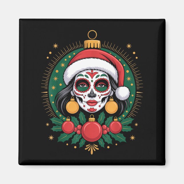 Imán Christmas Sugar Skull Art Woman Santa Hat Festive  (Frente)