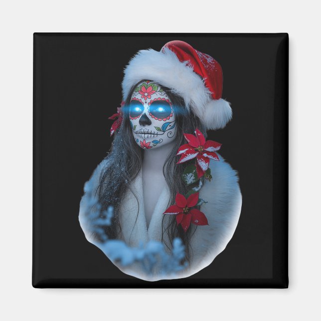 Imán Christmas Sugar Skull Art Woman Santa Hat Festive  (Frente)