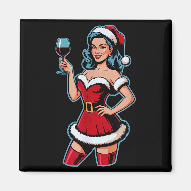 Imán Christmas Wine Santa Girl Holiday Party Funny Vint (Frente)