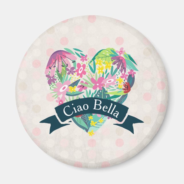Imán Ciao Bella cute corazón floral en círculos rosados (Frente)