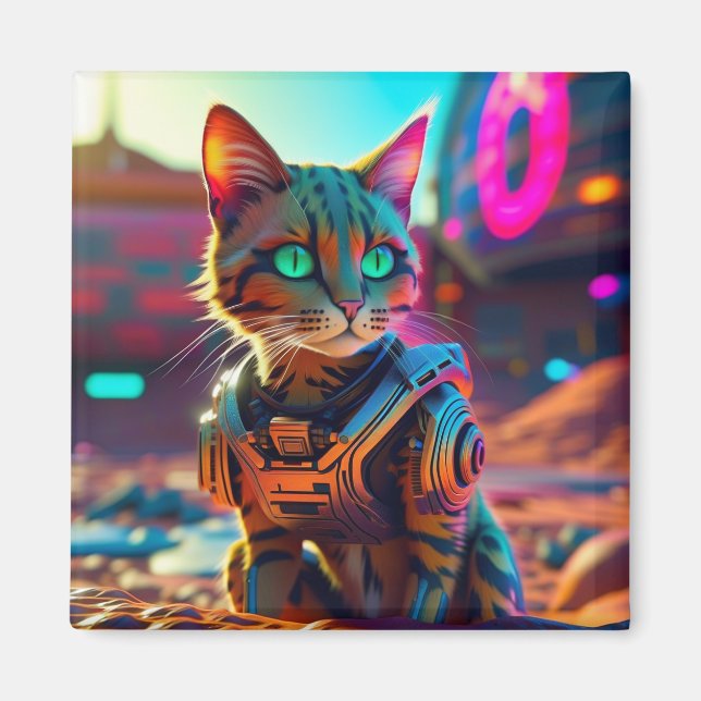 Imán Ciberpunk Cat Fridge Magnet (Frente)