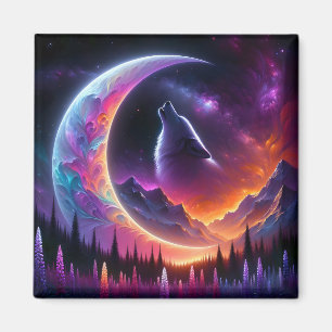 Imán Cielo nocturno colorido Lobo luna creciente de lob