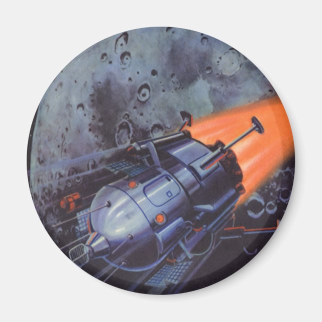 Imán Ciencia ficción vintage, cohete lunar despegando (Frente)